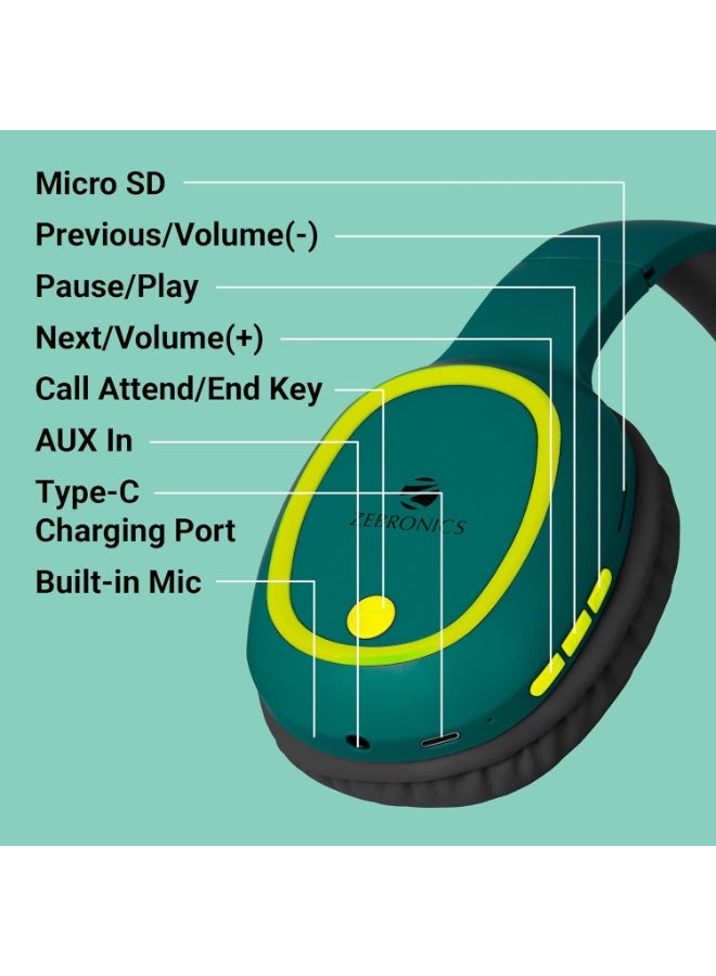 زيبونيكس ZEBRONICS Thunder Bluetooth 5.3 Wireless Over Ear Headphones with 60H Backup, Gaming Mode, Dual Pairing, Enc, Aux, Micro Sd, Voice Assistant, Comfortable Earcups, Call Function (Teal Green) - Image 4